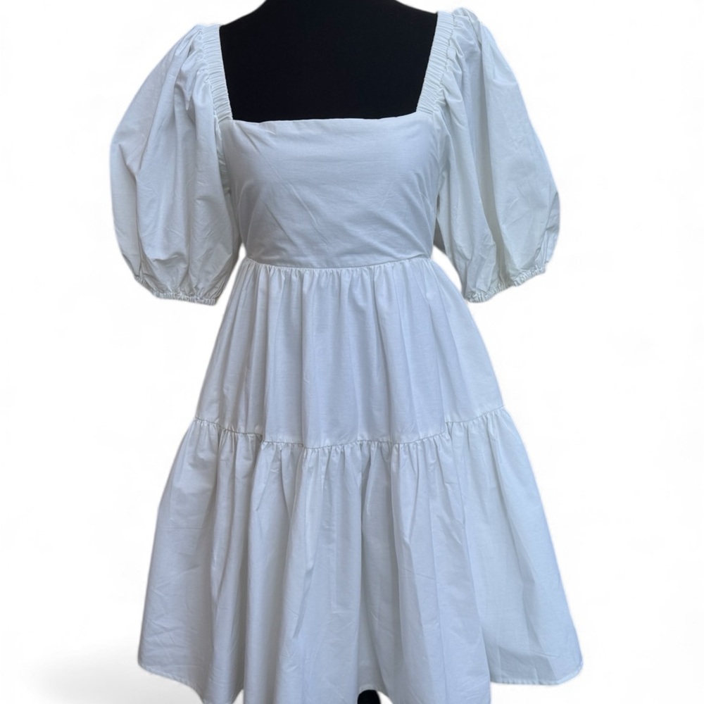Hunter & Brown White Cotton Puff Sleeve Summer Dress Women’s Medium Knee NWOT